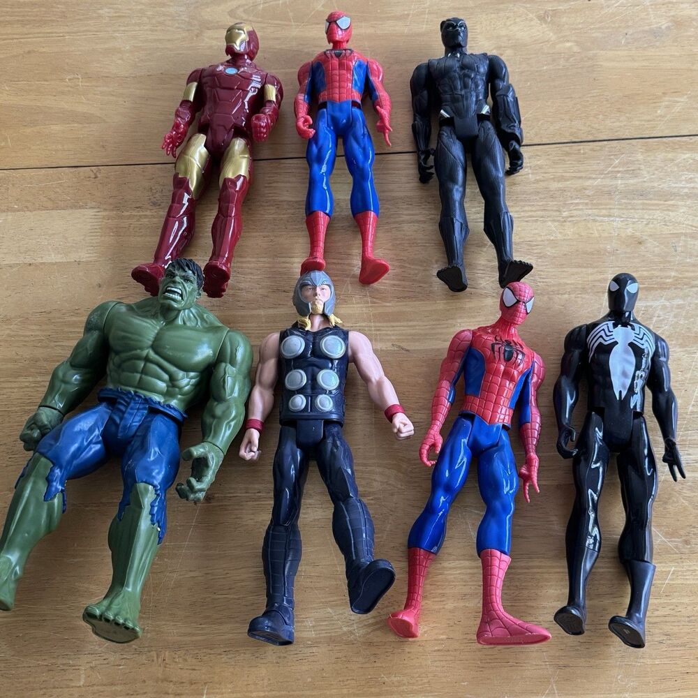 DC Marvel Action Figures 11” Lot Of 7 Spider-Man Iron Man Hulk Black Panther